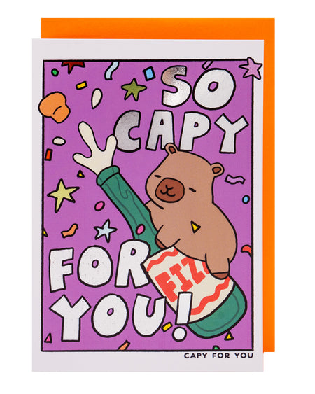 Celebrate special moments with the So Capy For You! Capybara Foil Card. Featuring a playful design, foil finish, and bright orange envelope, this blank 11.4 x 16.2 cm card is perfect for any celebration. Part of the fun Capy For You range!
