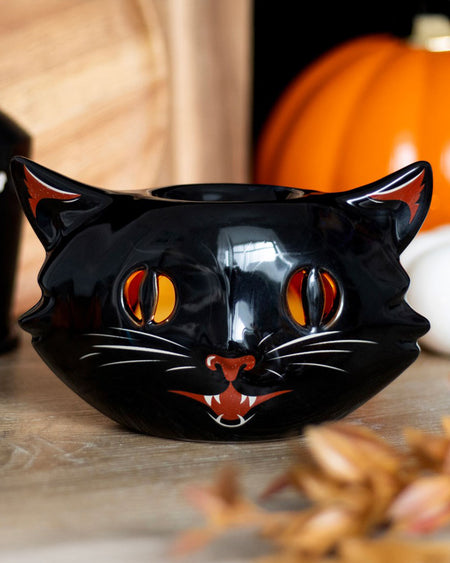 Styled product shot of the Spooky Black Cat Oil Burner, surrounded by pumpkins and dried leaves, giving an autumnal and gothic vibe.