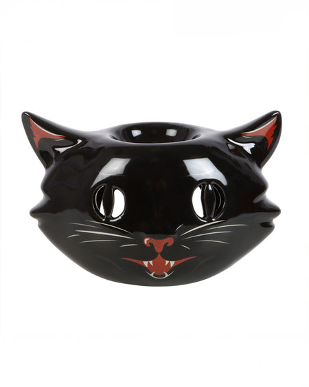 Close-up of the Spooky Black Cat Oil Burner, highlighting the vibrant orange eyes, sharp teeth, and glossy black finish. A perfect Halloween-inspired home accessory.