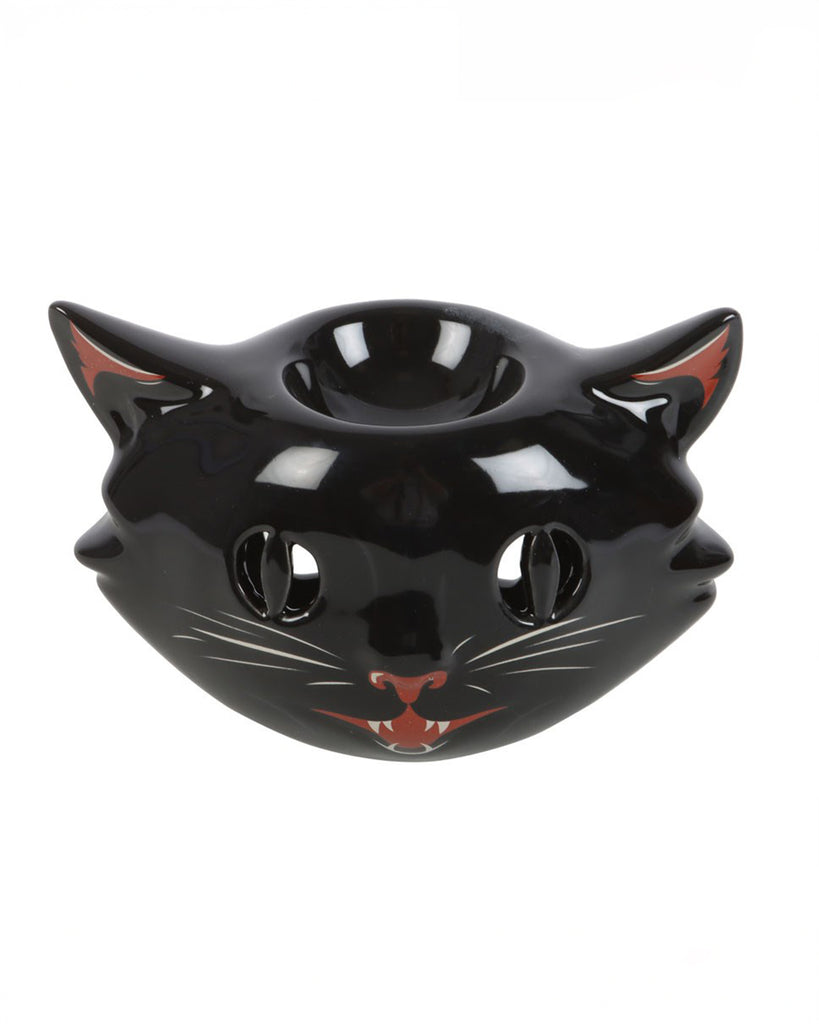 Front view of the Spooky Black Cat Oil Burner by Rebel Romance, showcasing its vintage-inspired design, wide cat eyes, and detailed facial features. Ideal for Halloween or gothic home decor.
