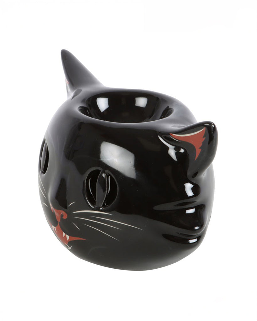 Side view of the black cat oil burner, highlighting the glossy ceramic finish, painted details, and the oil or wax holder cavity.