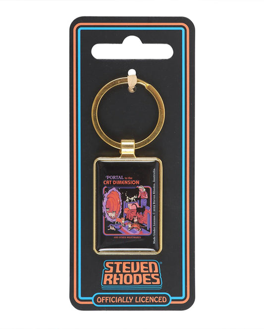 Rebel Romance enamel keyring featuring Steven Rhodes’ ‘Cat Dimension’ design on backing card. The rectangular gold-framed accessory displays cats spilling from a portal in retro horror style. Officially licensed quirky gift, perfect for cat lovers and fans of gothic and alternative aesthetics.