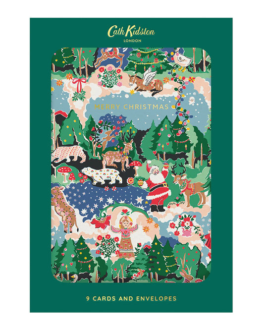 Cath Kidston Christmas card set packaging with woodland design, featuring Santa, animals, and magical winter scenes. Sold by Rebel Romance, a UK brand embracing quirky, nostalgic Christmas aesthetics.