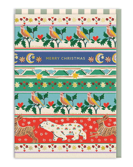 Retro-style Cath Kidston Christmas card featuring repeating stripes of festive birds, polar bears, stars, and moons. A bold and nostalgic design stocked in Rebel Romance’s alternative holiday card collection.