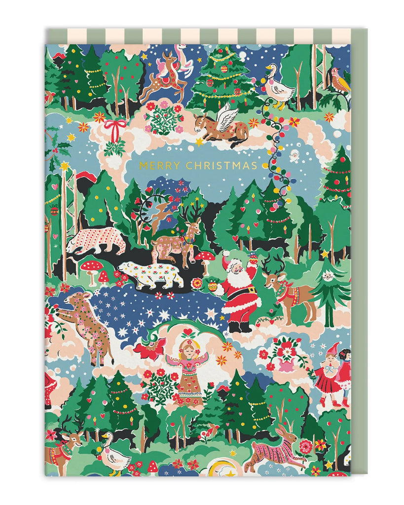 Whimsical Cath Kidston Christmas card featuring Santa, animals in jumpers, a decorated tree, and festive woodland creatures in a snowy forest scene. Stocked by Rebel Romance, a UK brand celebrating quirky and alternative style.