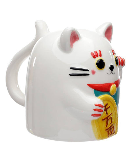 Angled close-up of the cat mug, showing 3D embossed ears and golden coin held by the lucky cat’s paw. A fun and functional upside down mug from Rebel Romance, great for alternative and kawaii aesthetics.