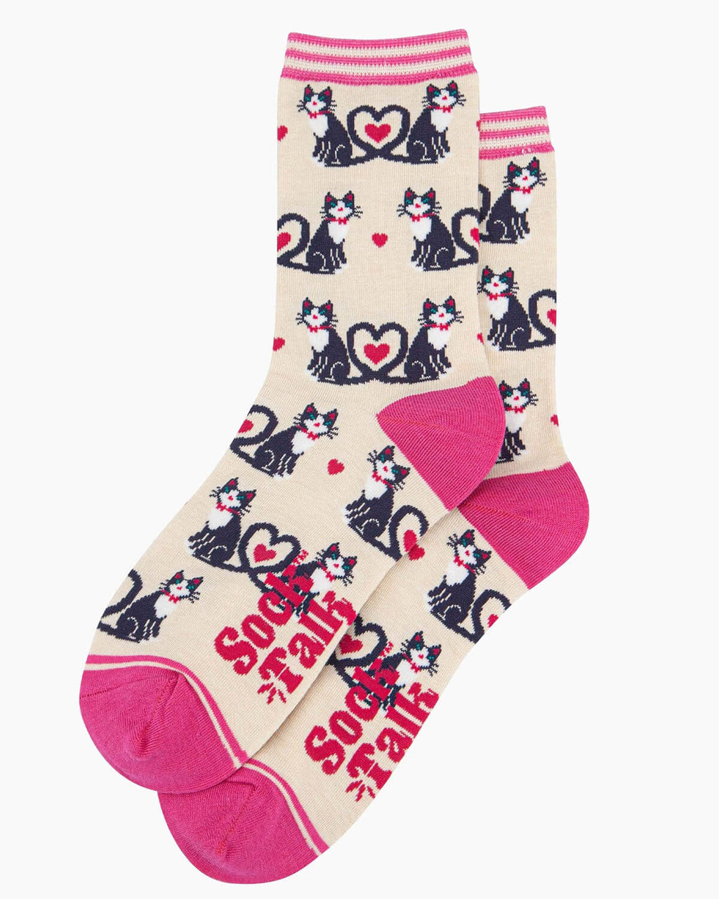 A pair of cream bamboo socks with a playful cat design, featuring black and white cats with their tails forming heart shapes, scattered pink hearts, and a striped pink cuff.