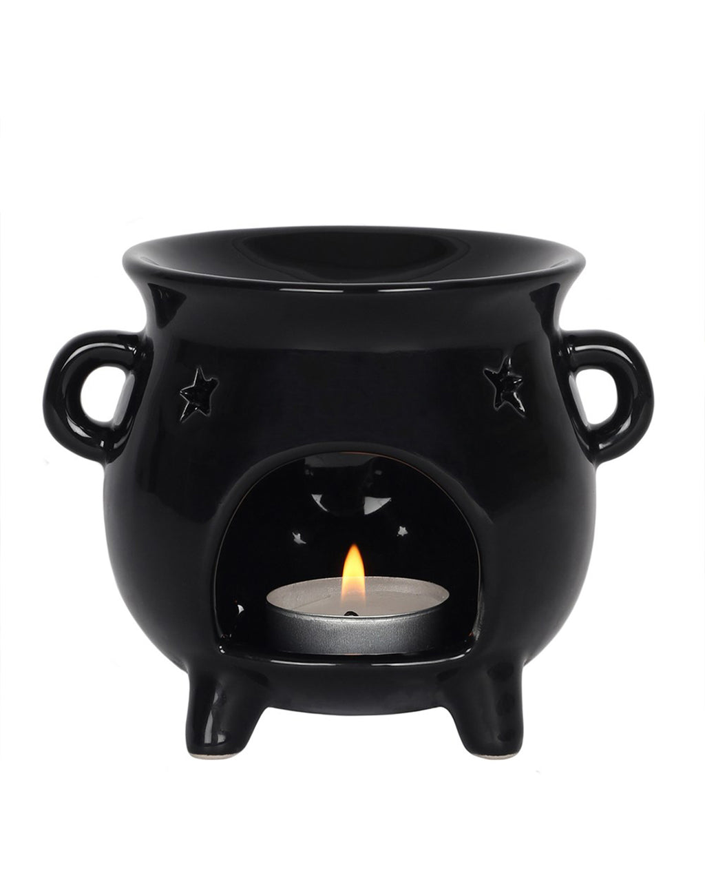 Front view of the Cauldron Oil Burner, showing the tealight cavity, star-shaped cutouts, and two side handles for easy handling. Ideal for witchy or alternative home decor.