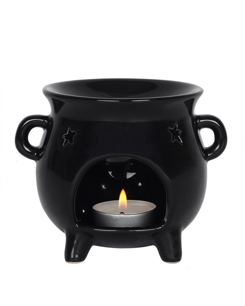Front view of the Cauldron Oil Burner, showing the tealight cavity, star-shaped cutouts, and two side handles for easy handling. Ideal for witchy or alternative home decor.
