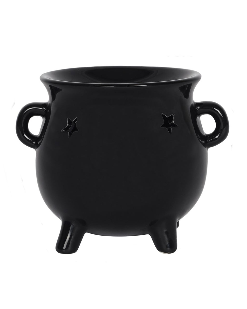 Glossy black ceramic Cauldron Oil Burner by Rebel Romance, featuring a classic cauldron shape with star-shaped cutouts. The top bowl holds wax melts or fragrance oils.