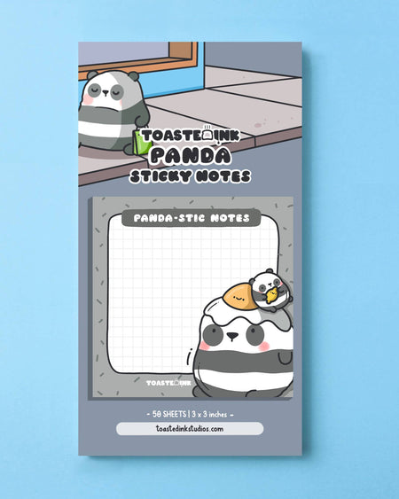 Retail display card showing Toastedink's "Panda-stic Notes" sticky note pad, featuring an adorable panda with an egg and chick on its head. Sold by Rebel Romance, a UK indie brand for quirky and alternative stationery lovers.