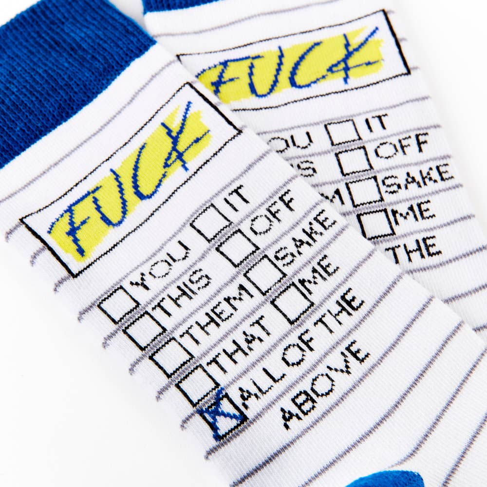 Zoomed-in view of Urban Eccentric socks with handwritten-style “Fck” highlighted in yellow and tick boxes including “you,” “this,” “that,” and “all of the above.” Stocked by Rebel Romance.*
