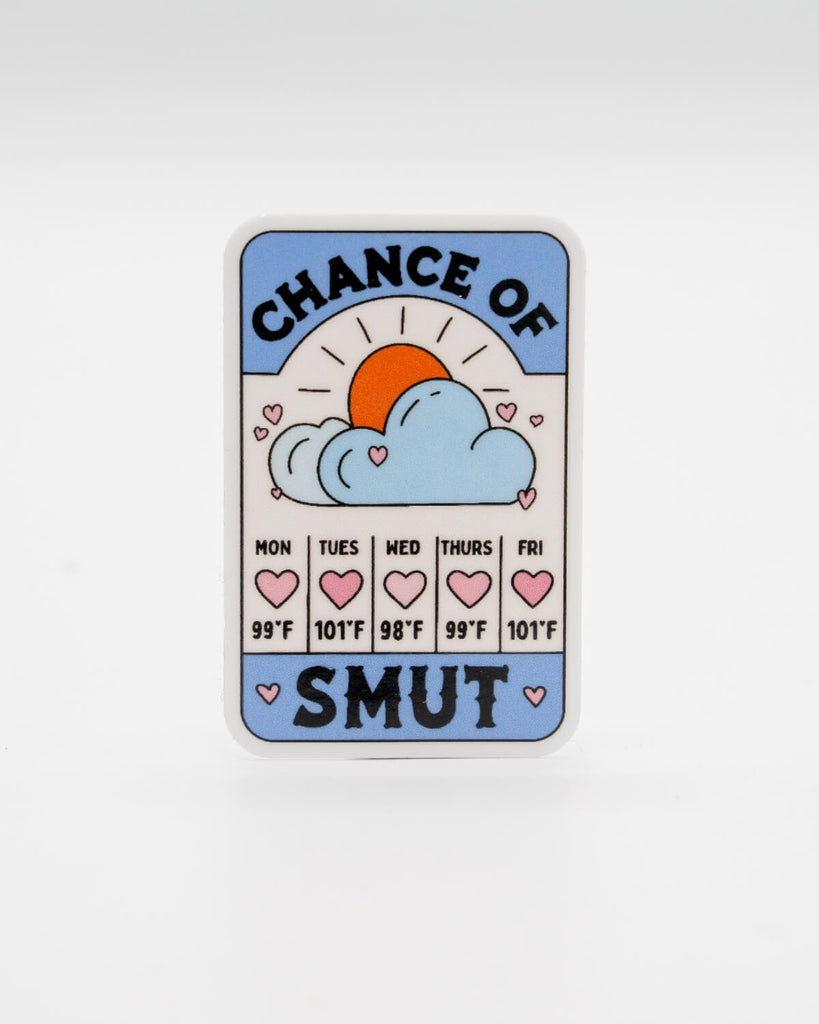 Funny die-cut vinyl sticker styled like a weather forecast, featuring a sun behind clouds, heart icons, and weekly temperatures with the phrase “Chance of Smut.” A cheeky bookish design perfect for romance and spicy book fans. Created by Rebel Romance, a small UK brand known for alternative fashion, slow style, and playful, millennial-friendly gifts for readers with a sense of humour.