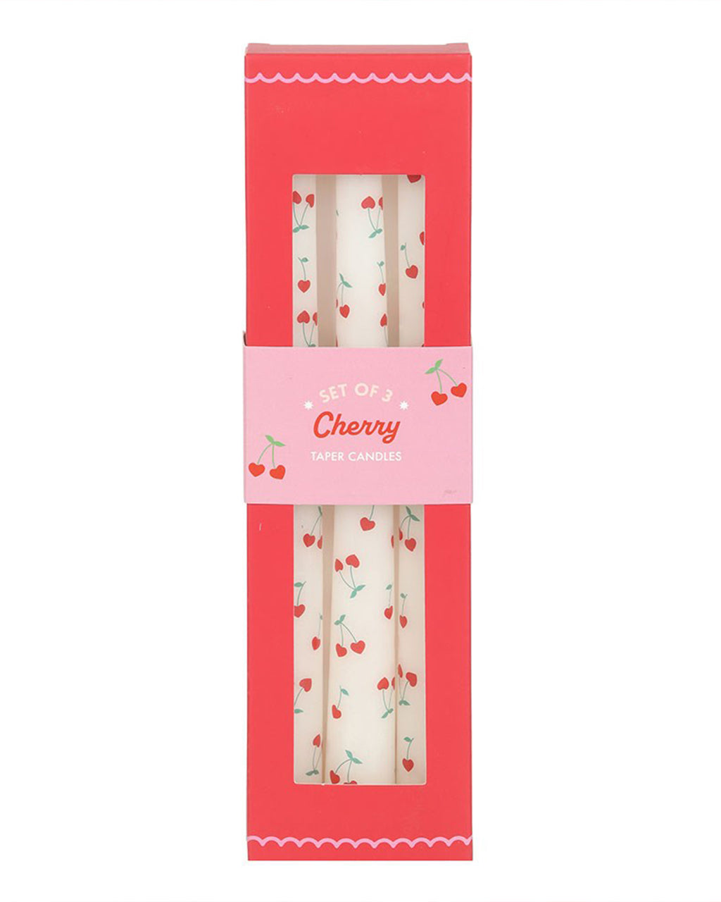 Close-up of a hand holding the three Heart Cherry Taper Candles against a playful pink background with scattered cherry illustrations. This shot emphasises the candles' retro aesthetic, perfect for Valentine's Day or adding a pop of colour to your decor.