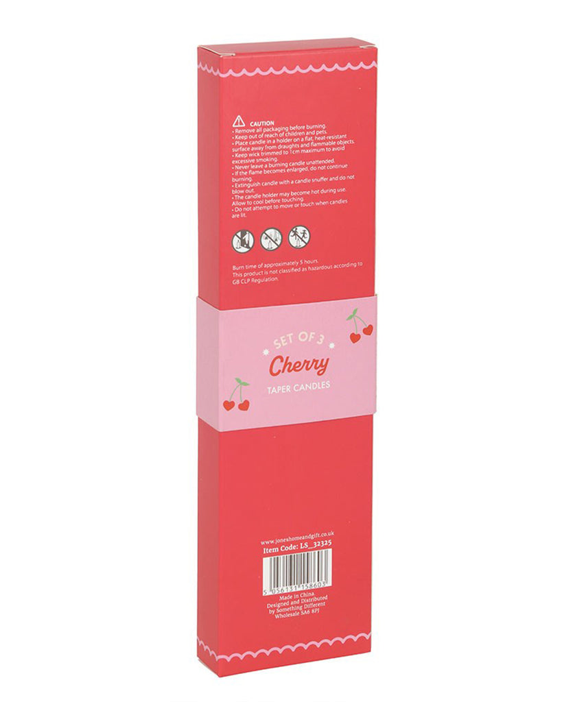 Back of the Rebel Romance Heart Cherry Taper Candles box. The red and pink packaging features product information, safety warnings, and burn time details. The cute scalloped design and cherry illustrations tie into the Lovestruck Valentine's theme.