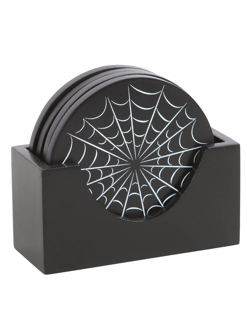 Side view of the spiderweb coasters neatly stored in a black holder with a curved front.