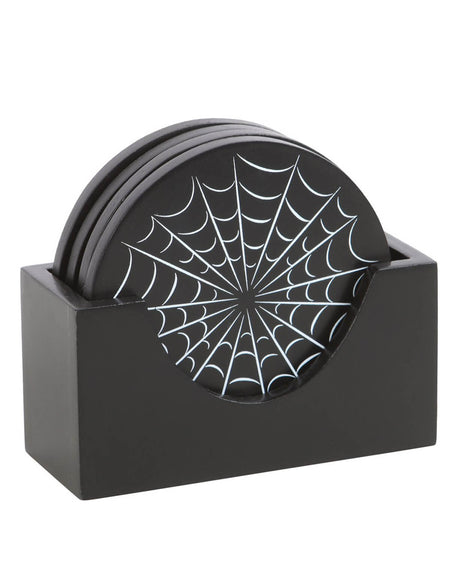 Side view of the spiderweb coasters neatly stored in a black holder with a curved front.