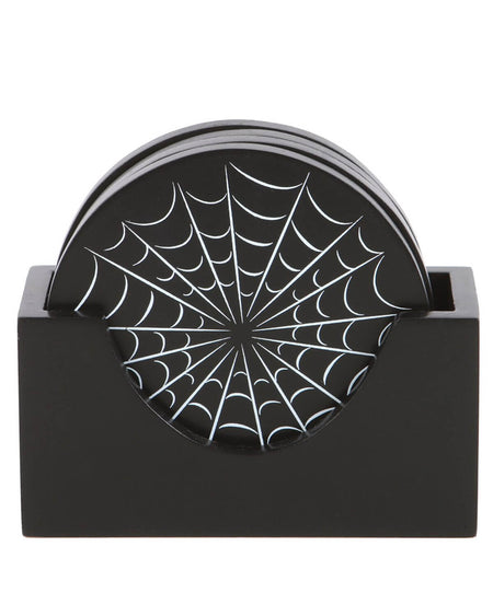 Front angle of the coasters stacked in the holder, showing their intricate white web pattern.