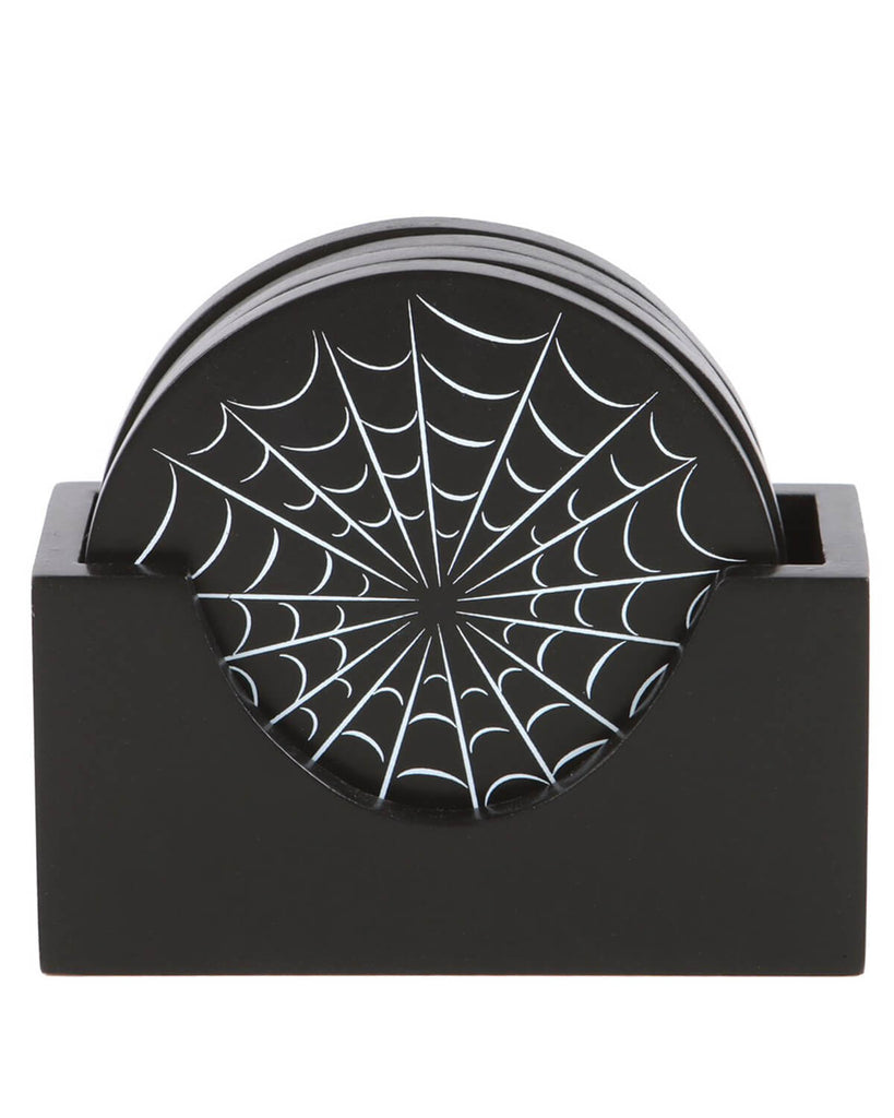 Front angle of the coasters stacked in the holder, showing their intricate white web pattern.