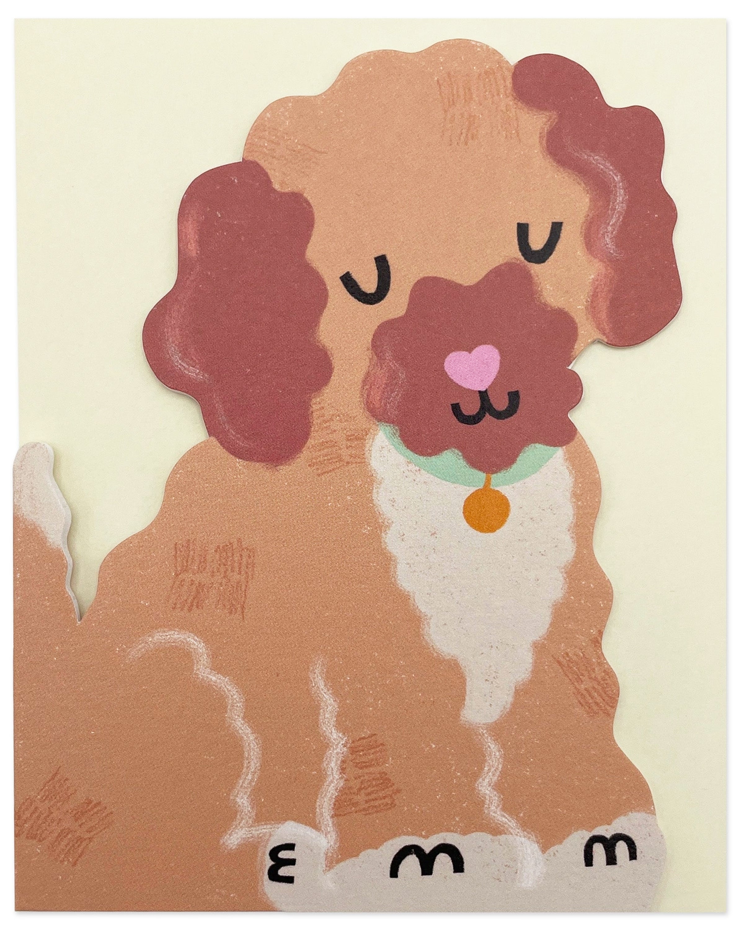 Illustration of a dog with a heart on its nose against a beige background