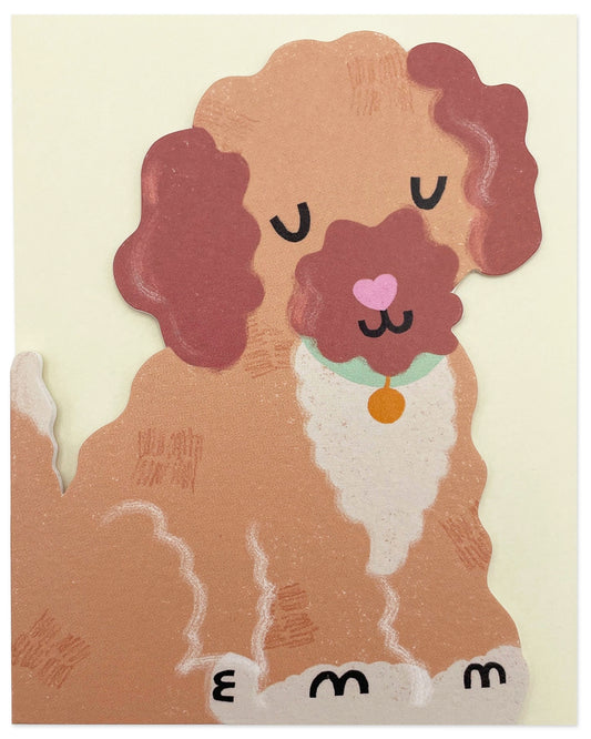 Illustration of a dog with a heart on its nose against a beige background