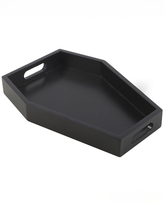 Side angle of the Rebel Romance plain black coffin tray, showing its deep walls and sleek matte black finish. A spooky yet stylish accessory for goth home décor.