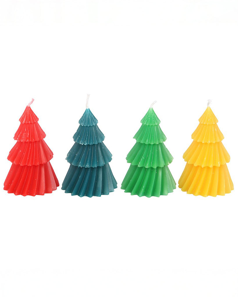 Rebel Romance set of four unscented Christmas tree candles in bold yellow, green, blue and red. Perfect for an alternative Christmas centrepiece or cheerful gift, these fun candles bring a playful twist to seasonal décor, ideal for those who love unique, colourful homeware with a creative aesthetic.