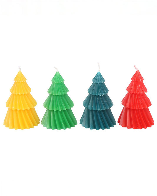 Set of four colourful Christmas tree candles from Rebel Romance, a UK small business celebrating alternative style. Shown in yellow, green, blue and red, these unscented candles add vibrant festive charm to your table or mantelpiece, perfect for millennials who love quirky homeware and bright seasonal décor.