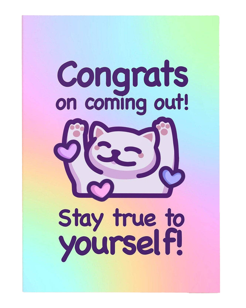 LGBTQ+ coming out celebration card featuring a smiling white cartoon cat surrounded by colourful hearts and the message “Congrats on coming out! Stay true to yourself!” on a pastel rainbow background. Designed by Mona Mauve for Rebel Romance. A supportive and inclusive greeting card for anyone embracing their identity.