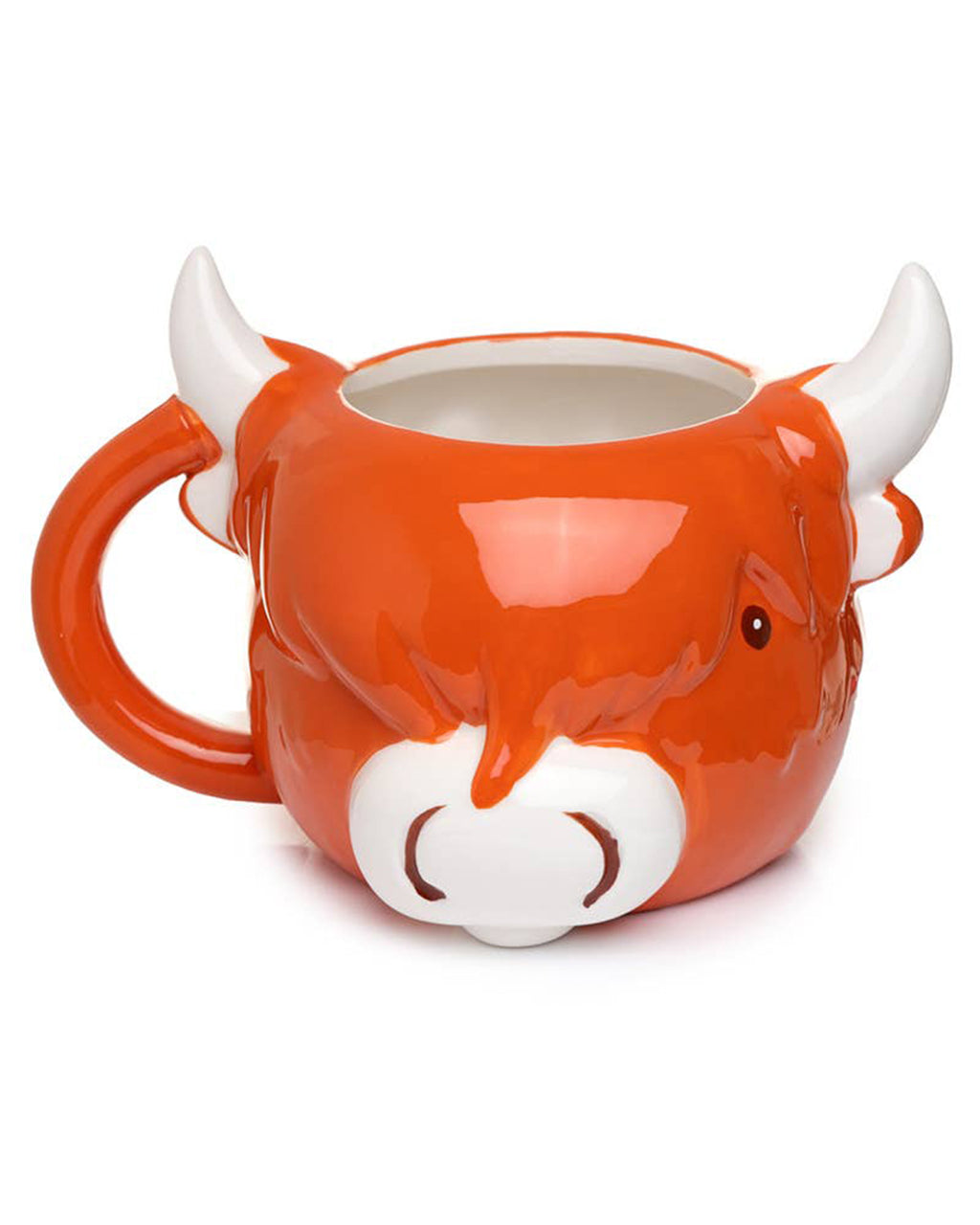 Front-on shot of the Highland Coo Cow Head Shaped Mug by Rebel Romance. Featuring a 3D snout and horns, this vibrant orange ceramic mug is full of personality.