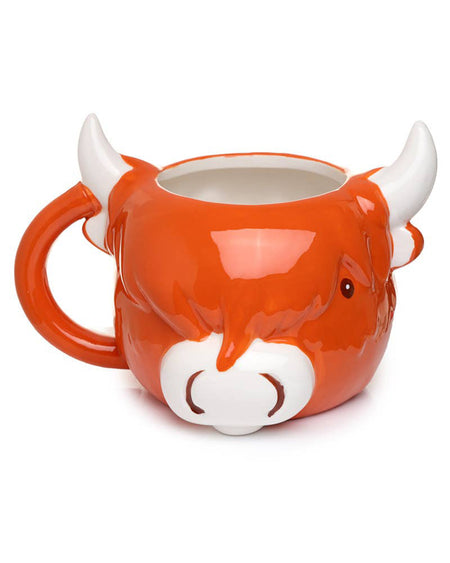 Front-on shot of the Highland Coo Cow Head Shaped Mug by Rebel Romance. Featuring a 3D snout and horns, this vibrant orange ceramic mug is full of personality.