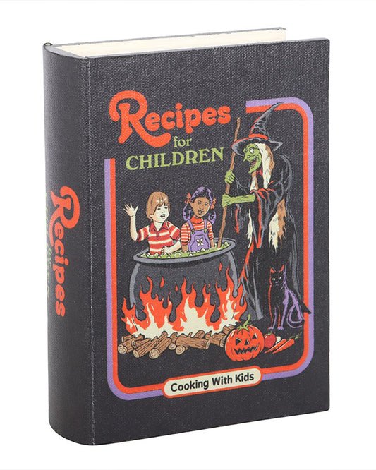 Angled product shot of Rebel Romance’s Steven Rhodes "Recipes for Children" book-shaped storage box. Features a witch stirring kids in a cauldron with spooky retro art. A fun Halloween-inspired secret compartment disguised as a book.