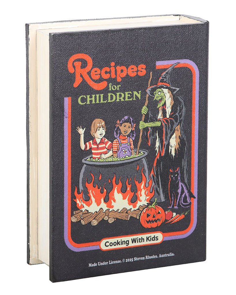 Front view of Rebel Romance’s Steven Rhodes "Recipes for Children" book-shaped storage box. Features a retro-style witch illustration with children in a cauldron, Halloween pumpkin, and black cat, perfect for gothic home décor with a playful twist.