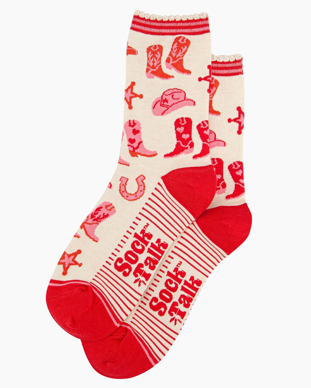 Flat lay of the socks showing “Sock Talk” branding on the sole, with the rodeo-inspired pattern displayed across the fabric.