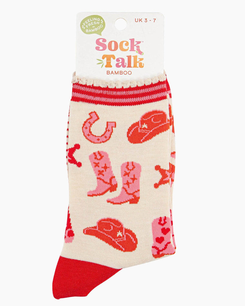 The socks in their original packaging, featuring a hanging cardboard tag that reads “Sock Talk Bamboo,” size UK 3-7.