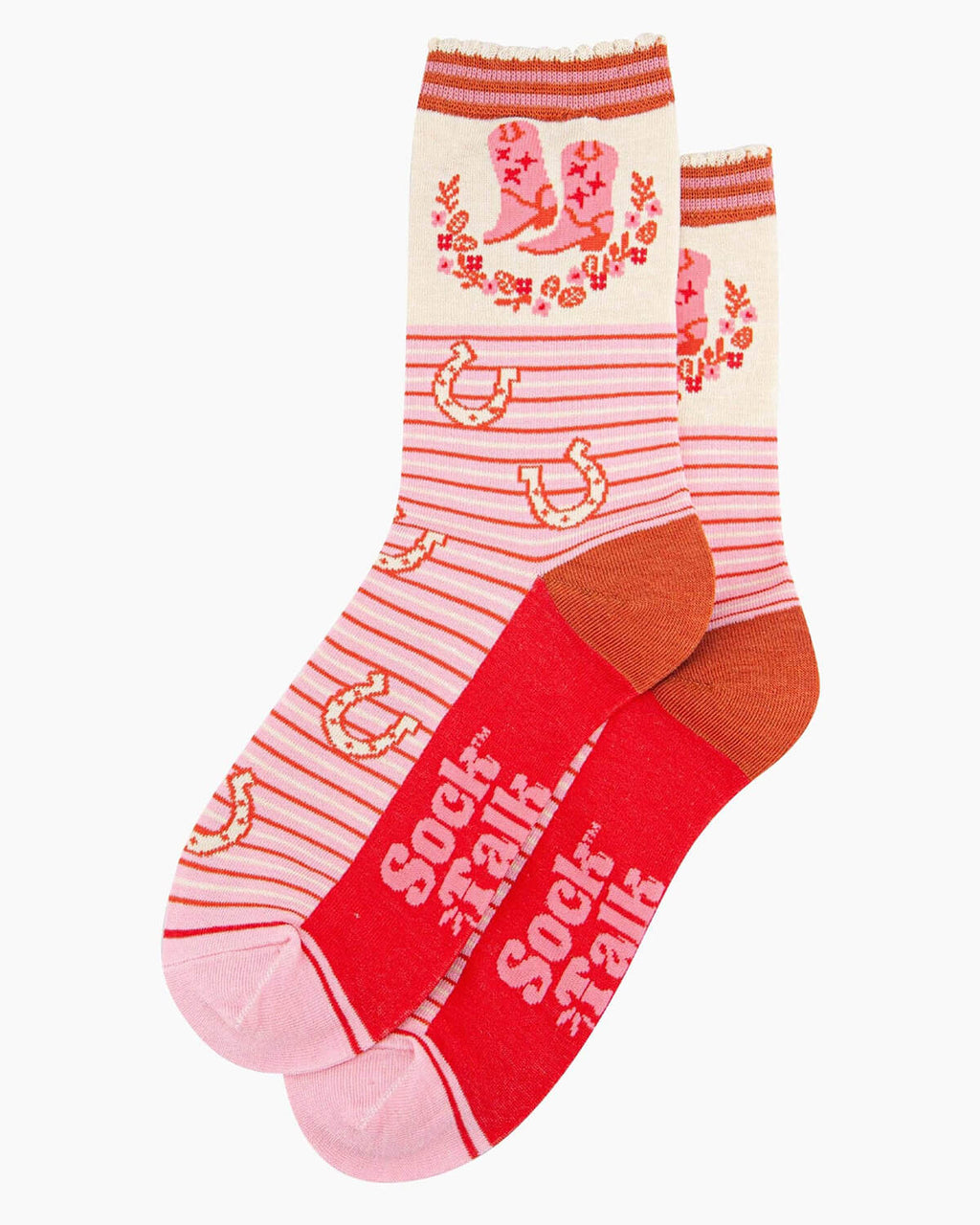 (Flat Lay of Socks): A pair of bamboo cowboy socks laid flat, showcasing the Western-style embroidery-inspired details, cowboy boots, floral accents, and a Sock Talk logo on the sole in white.
