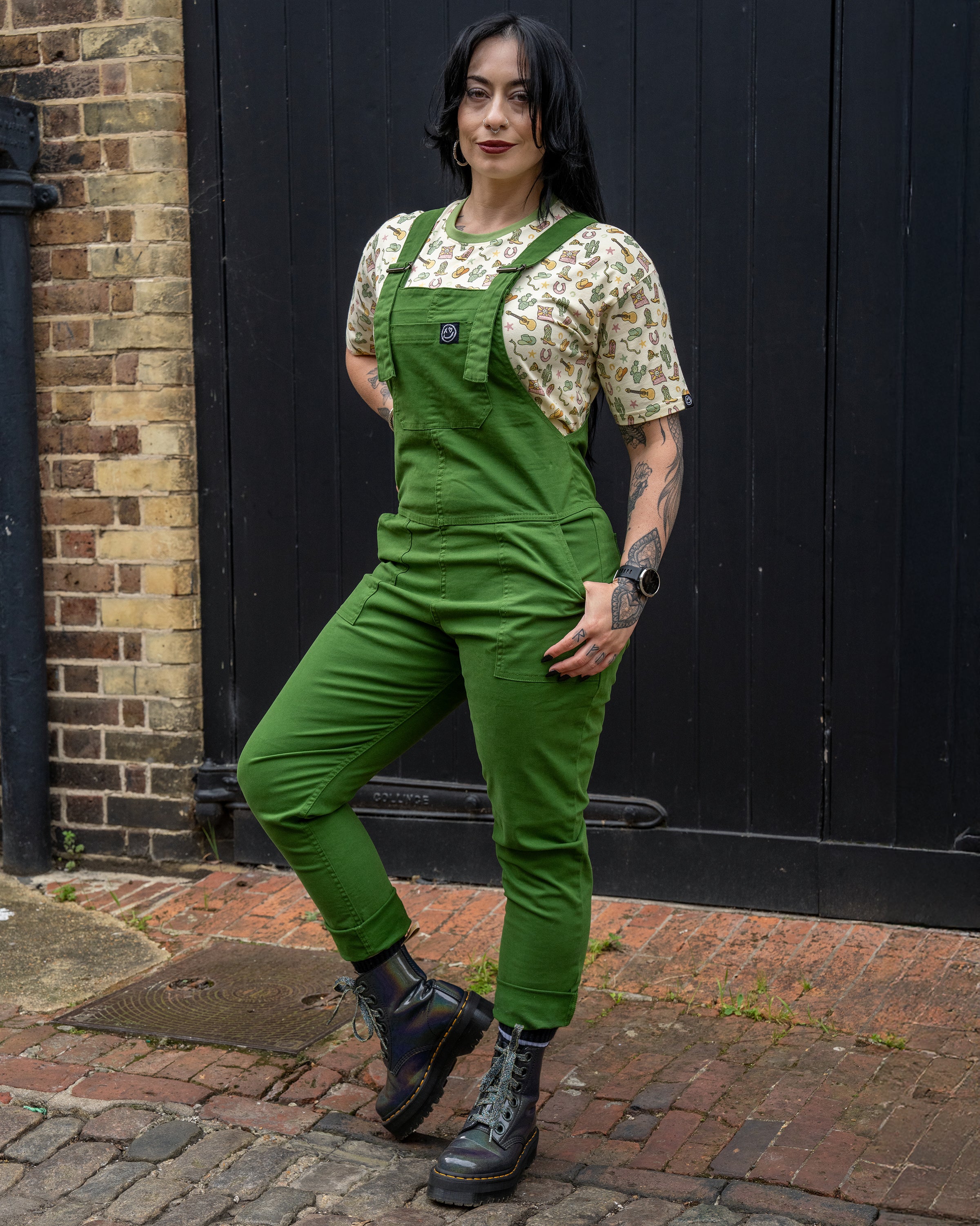 Rebel Romance Forest Green Stretch Twill Dungarees