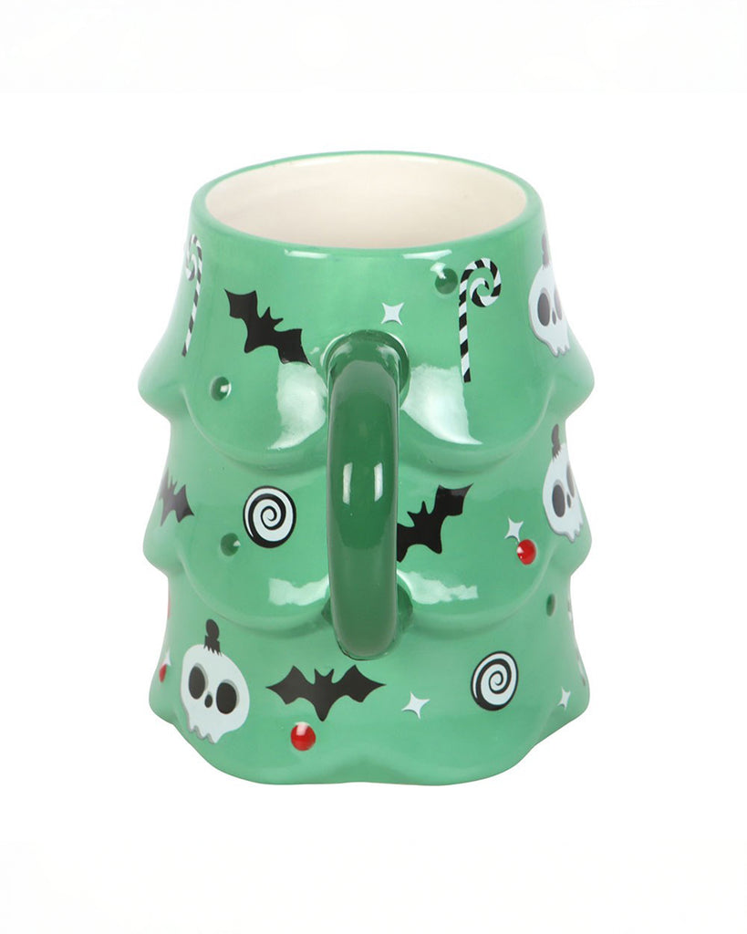 Back view of the Rebel Romance creepy Christmas tree mug, showing more black bats, skulls and candy canes in a spooky festive pattern. The glossy green handle and tree layers stand out against the white background.