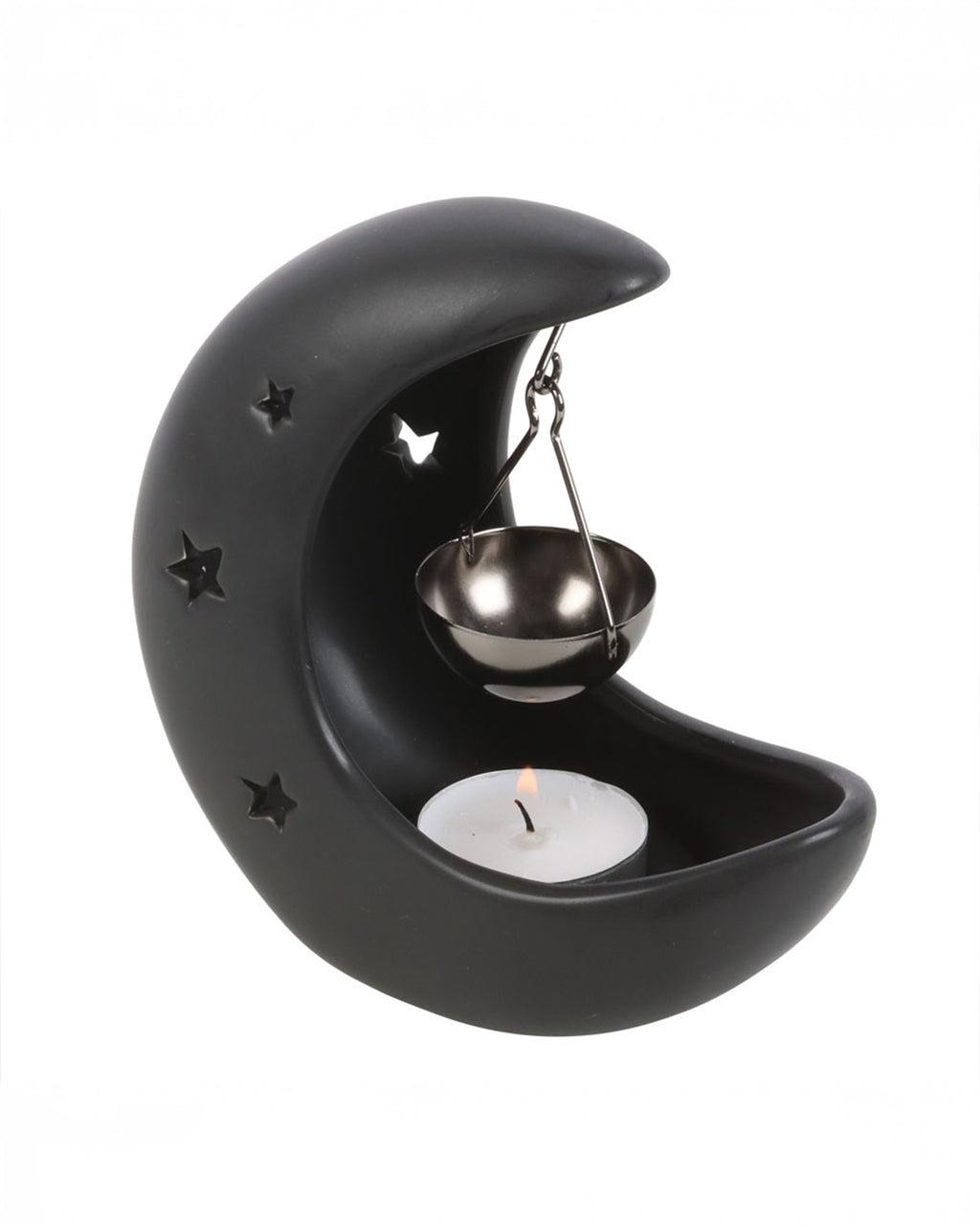 Front angle of the Black Crescent Moon Hanging Oil Burner, showing the star-shaped cutouts and the suspended metal bowl. The matte black ceramic finish gives it a gothic, celestial vibe.