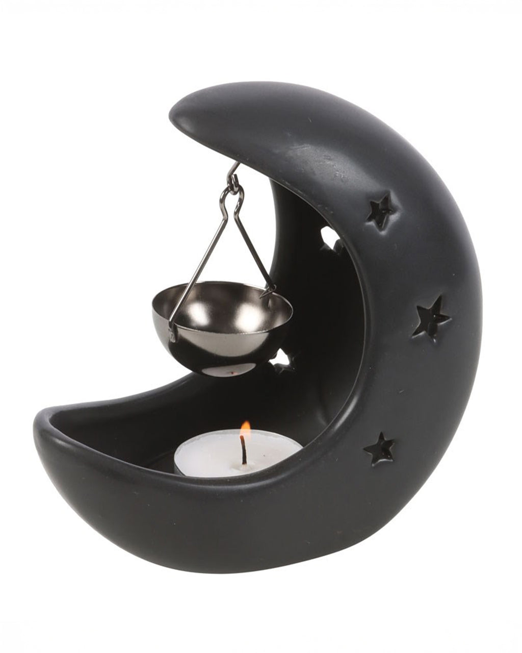 Side view of the Black Crescent Moon Hanging Oil Burner with a lit tealight inside. The hanging bowl is perfectly positioned to warm fragrance oils, while the cut-out stars glow softly.