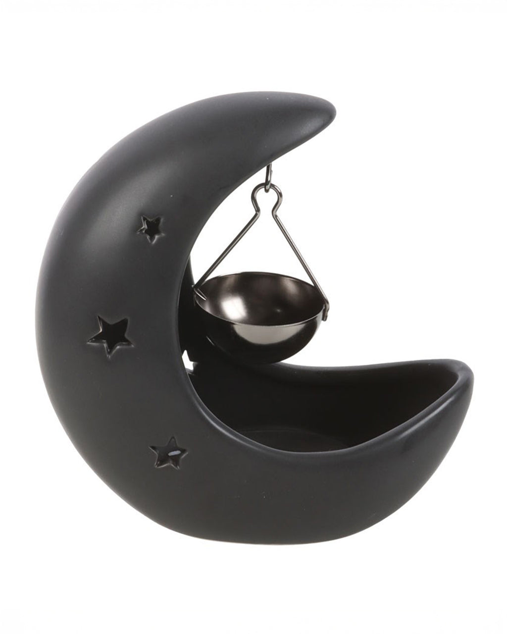 Black Crescent Moon Hanging Oil Burner by Rebel Romance. The matte black ceramic crescent moon features cut-out stars and a suspended metal bowl for fragrance oils or wax melts.