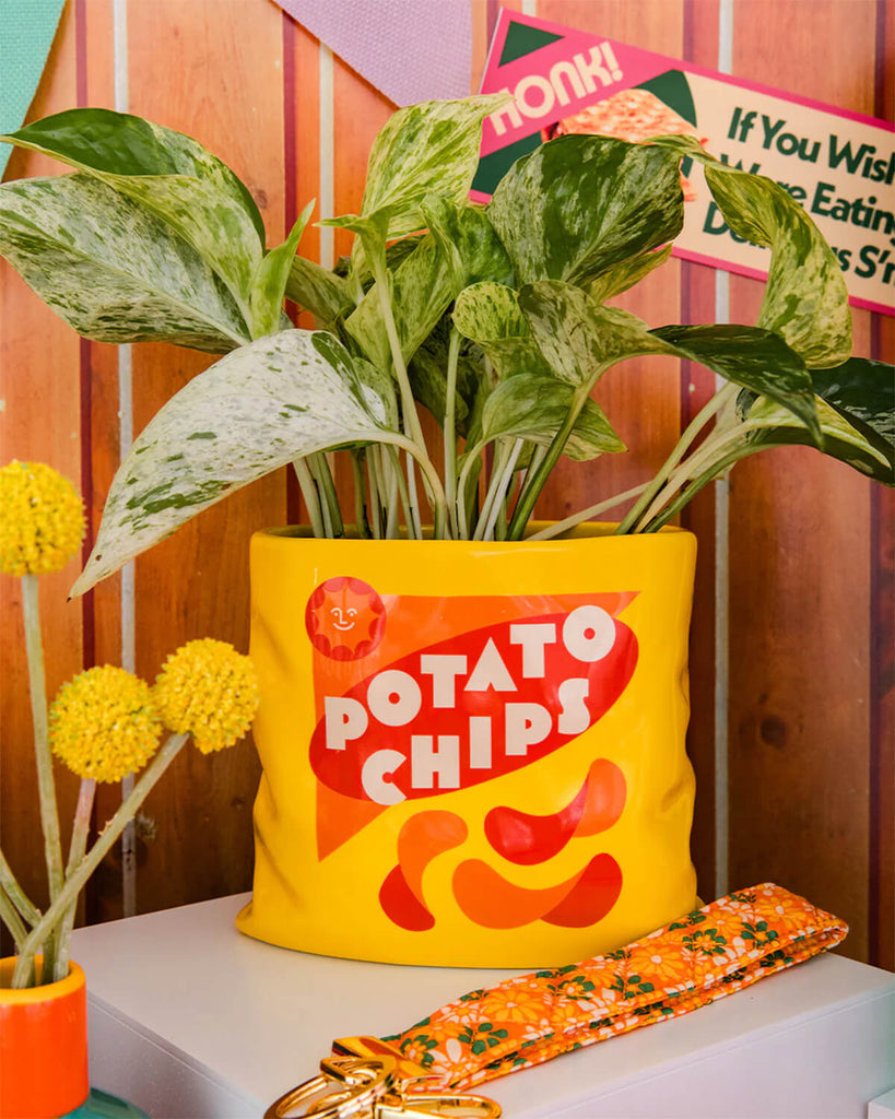 Potato Chips Ceramic Vase repurposed as a plant pot, filled with lush green pothos leaves, styled on a desk with yellow flowers and a retro orange lanyard.