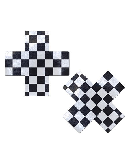 Plus X: Black & White Checker Cross Nipple Pasties by Pastease. Two checkerboard black and white plus x cross nipple covers on a white background. Perfect for a festival, pride, burlesque performance, only fans content or a party.