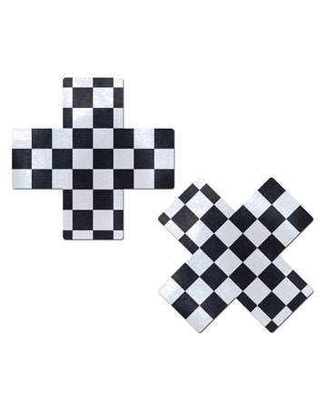 Plus X: Black & White Checker Cross Nipple Pasties by Pastease. Two checkerboard black and white plus x cross nipple covers on a white background. Perfect for a festival, pride, burlesque performance, only fans content or a party.