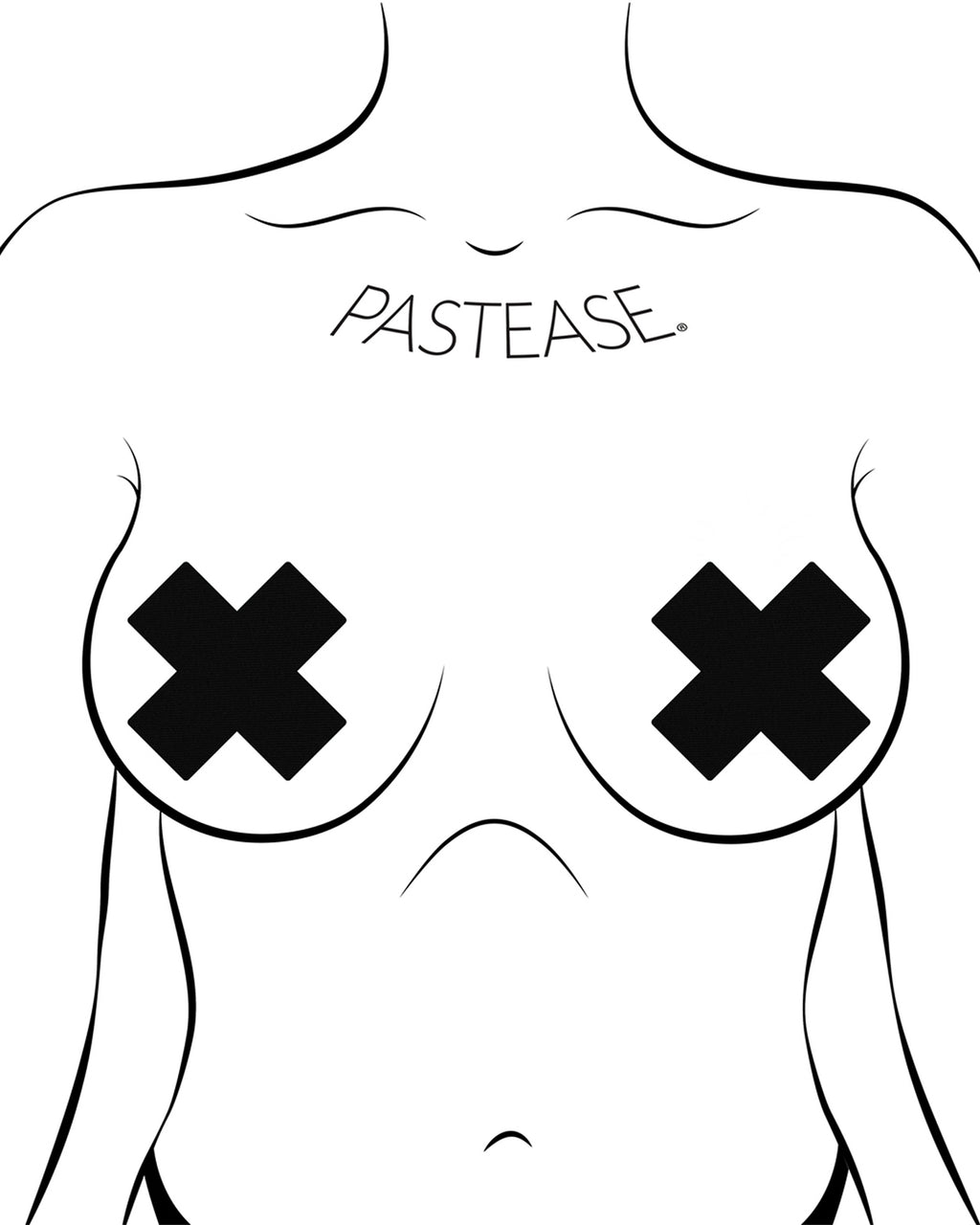 Plus X: Matte Cross Nipple Pasties by Pastease®. Two white matt cross shape nipple covers shown on a femme body outline for size reference on a white background.
