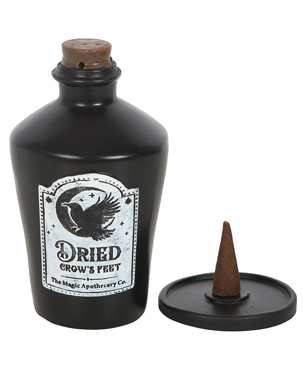 The Dried Crow’s Feet incense holder by Rebel Romance shown with the base placed next to the bottle to reveal the incense cone holder inside—ideal for witchy home vibes and Halloween lovers.