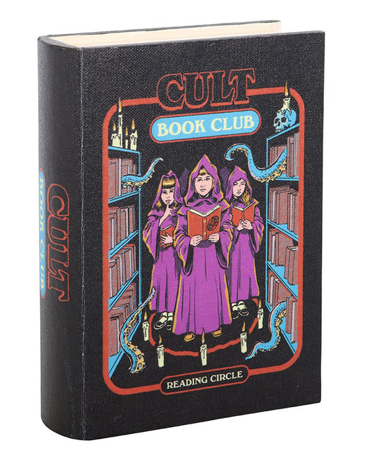 Side angle of the Cult Book Club Book Shaped Storage Box by Steven Rhodes, available at Rebel Romance. This quirky book-style storage box hides small items in plain sight with a fun retro cult design. Perfect for alternative homeware and unique gifts.
