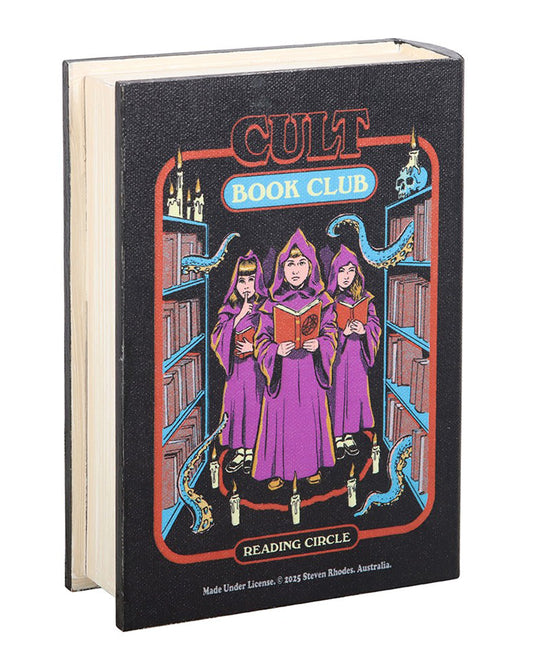 Cult Book Club Book Shaped Storage Box by Steven Rhodes from Rebel Romance. Featuring a retro illustration of hooded figures reading in a candlelit circle with tentacles and skulls. Alternative home décor for millennials who love quirky gothic gifts.