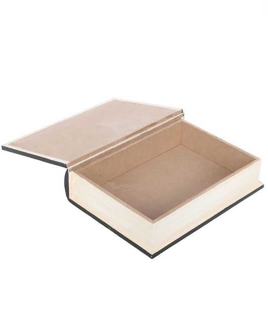 Inside view of the Cult Book Club Book Shaped Storage Box by Steven Rhodes, available at Rebel Romance. The MDF storage box is disguised as a hardback book, ideal for hiding keepsakes, trinkets, or secret snacks. Alternative gothic homeware for quirky book lovers.