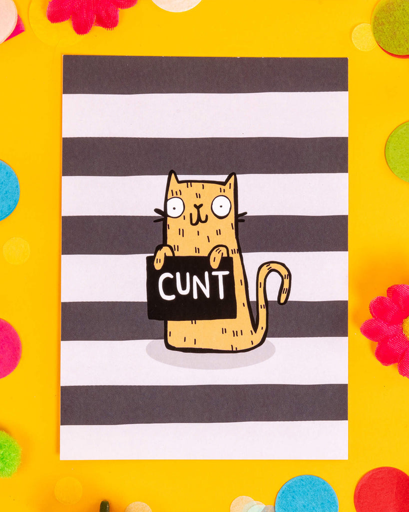 A bold A6 postcard featuring a cartoon cat holding a sign with the C-word against a black-and-white striped background. Designed by Katie Abey, this unapologetically sweary postcard is ideal for millennials who love alternative humour, quirky stationery, and cheeky gifts with maximum sass.